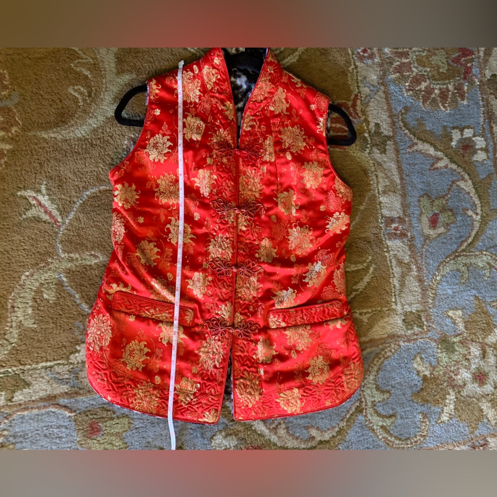 Red Brocade Mandarin Collar Vest